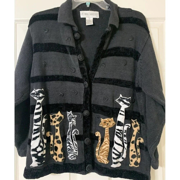 Vintage Victoria Harbour Cat Themed Cardigan Sweater Size S (Q4) - Picture 4 of 6